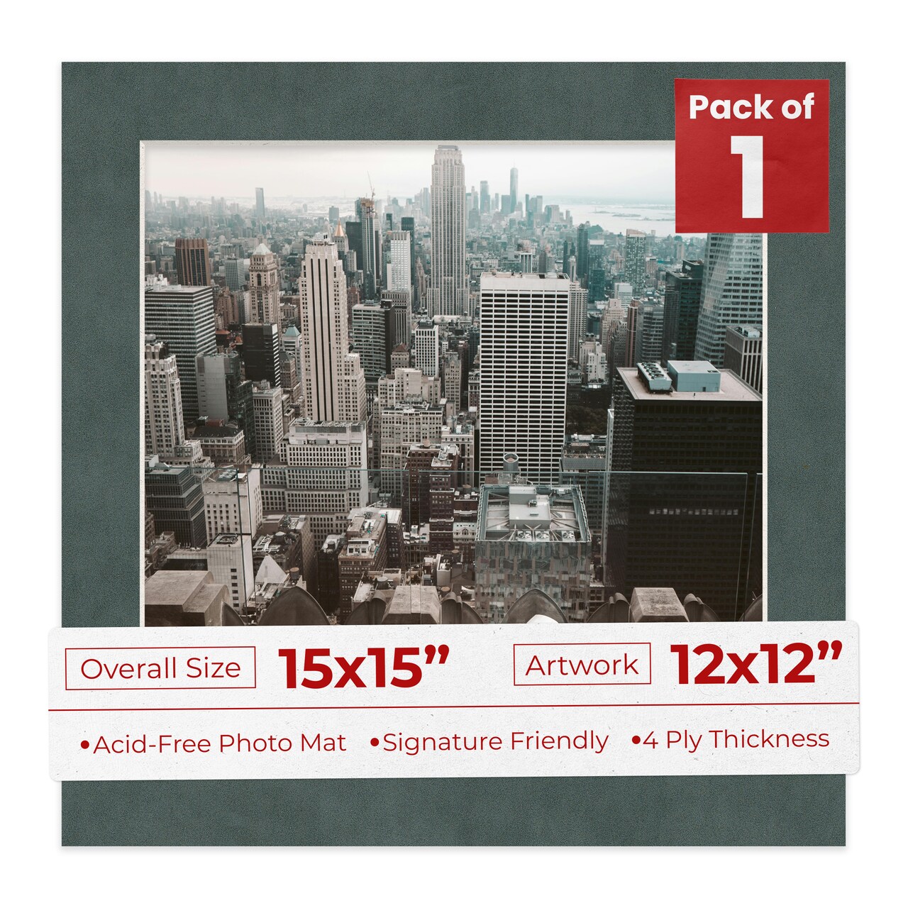 Dark Grey Suede Mat Board for 15x15 Frames - Fits 12x12 Photos